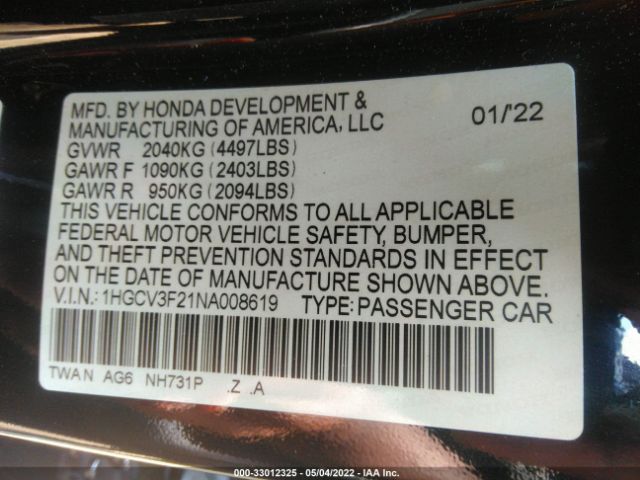 Photo 8 VIN: 1HGCV3F21NA008619 - HONDA ACCORD HYBRID 