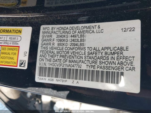 Photo 8 VIN: 1HGCV3F21NA047792 - HONDA ACCORD 