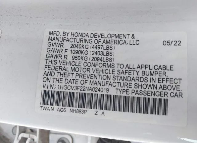 Photo 8 VIN: 1HGCV3F22NA024019 - HONDA ACCORD 