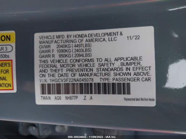 Photo 8 VIN: 1HGCV3F22NA045078 - HONDA ACCORD 