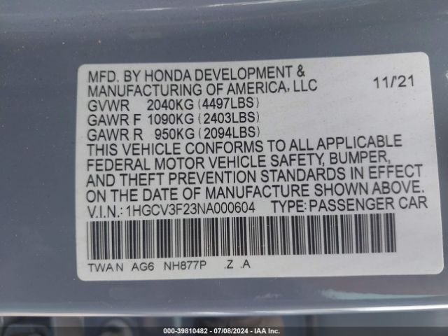 Photo 8 VIN: 1HGCV3F23NA000604 - HONDA ACCORD 