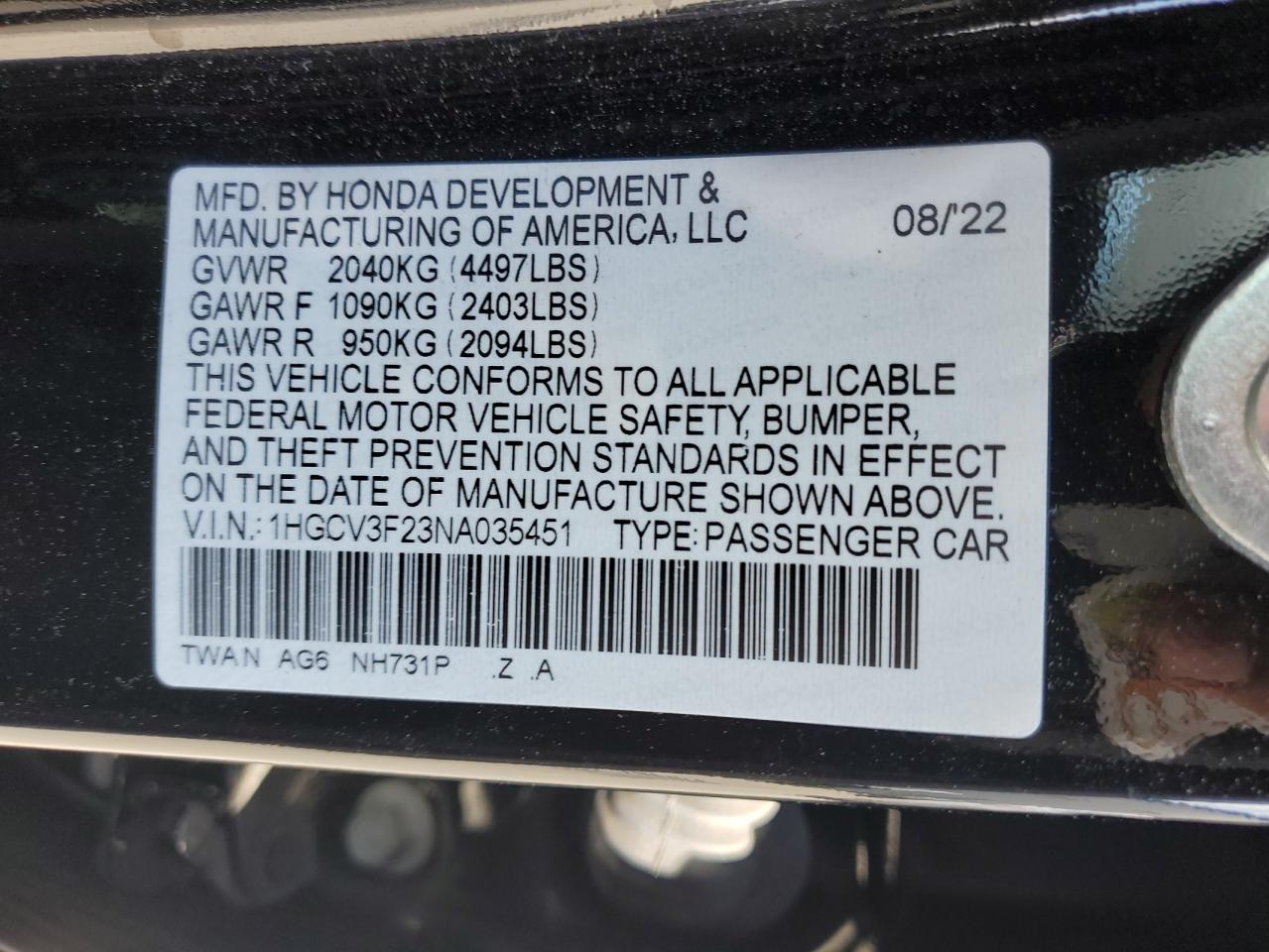 Photo 11 VIN: 1HGCV3F23NA035451 - HONDA ACCORD 