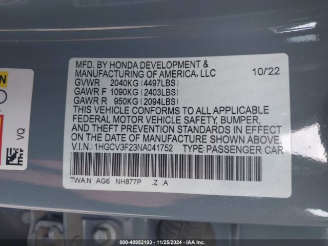 Photo 8 VIN: 1HGCV3F23NA041752 - HONDA ACCORD 