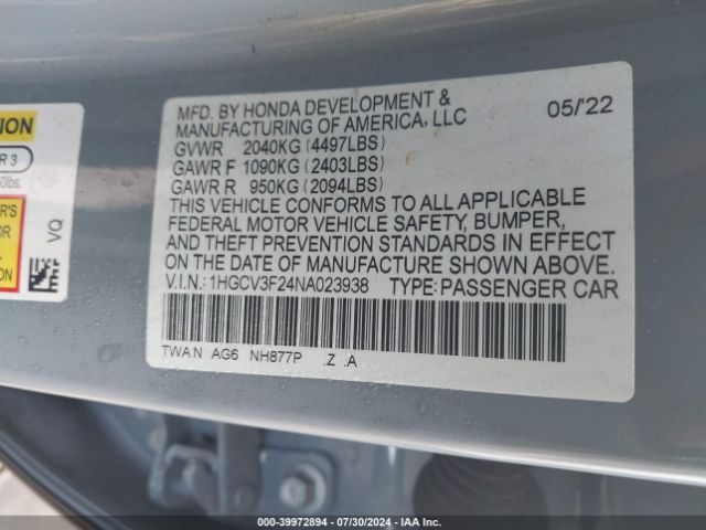 Photo 8 VIN: 1HGCV3F24NA023938 - HONDA ACCORD 