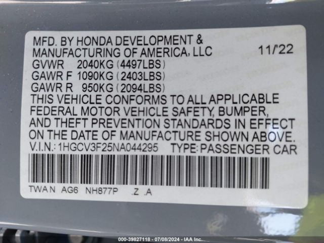 Photo 8 VIN: 1HGCV3F25NA044295 - HONDA ACCORD 