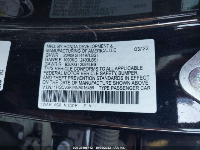 Photo 8 VIN: 1HGCV3F26NA016456 - HONDA ACCORD 