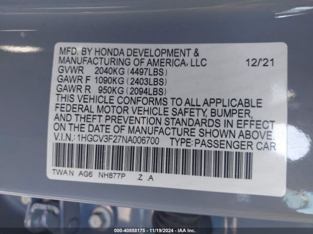 Photo 8 VIN: 1HGCV3F27NA006700 - HONDA ACCORD 