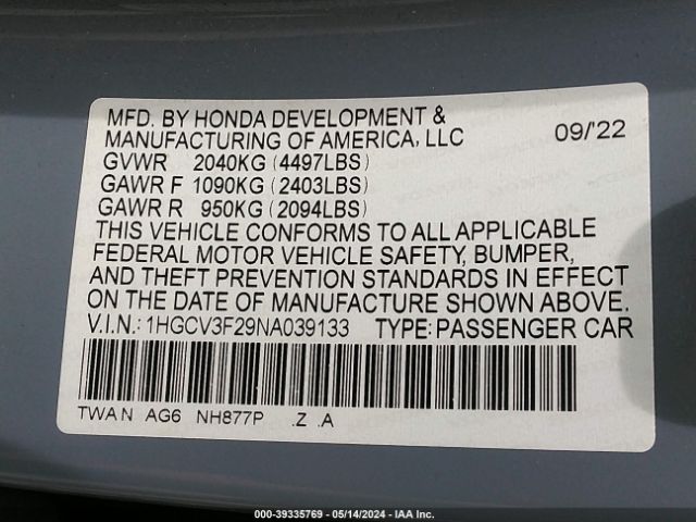 Photo 8 VIN: 1HGCV3F27NA018698 - HONDA ACCORD 