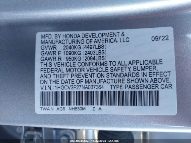 Photo 8 VIN: 1HGCV3F27NA037364 - HONDA ACCORD 