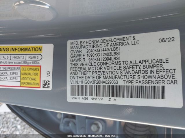 Photo 8 VIN: 1HGCV3F28NA029063 - HONDA ACCORD 