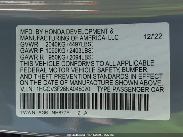 Photo 8 VIN: 1HGCV3F28NA048020 - HONDA ACCORD 