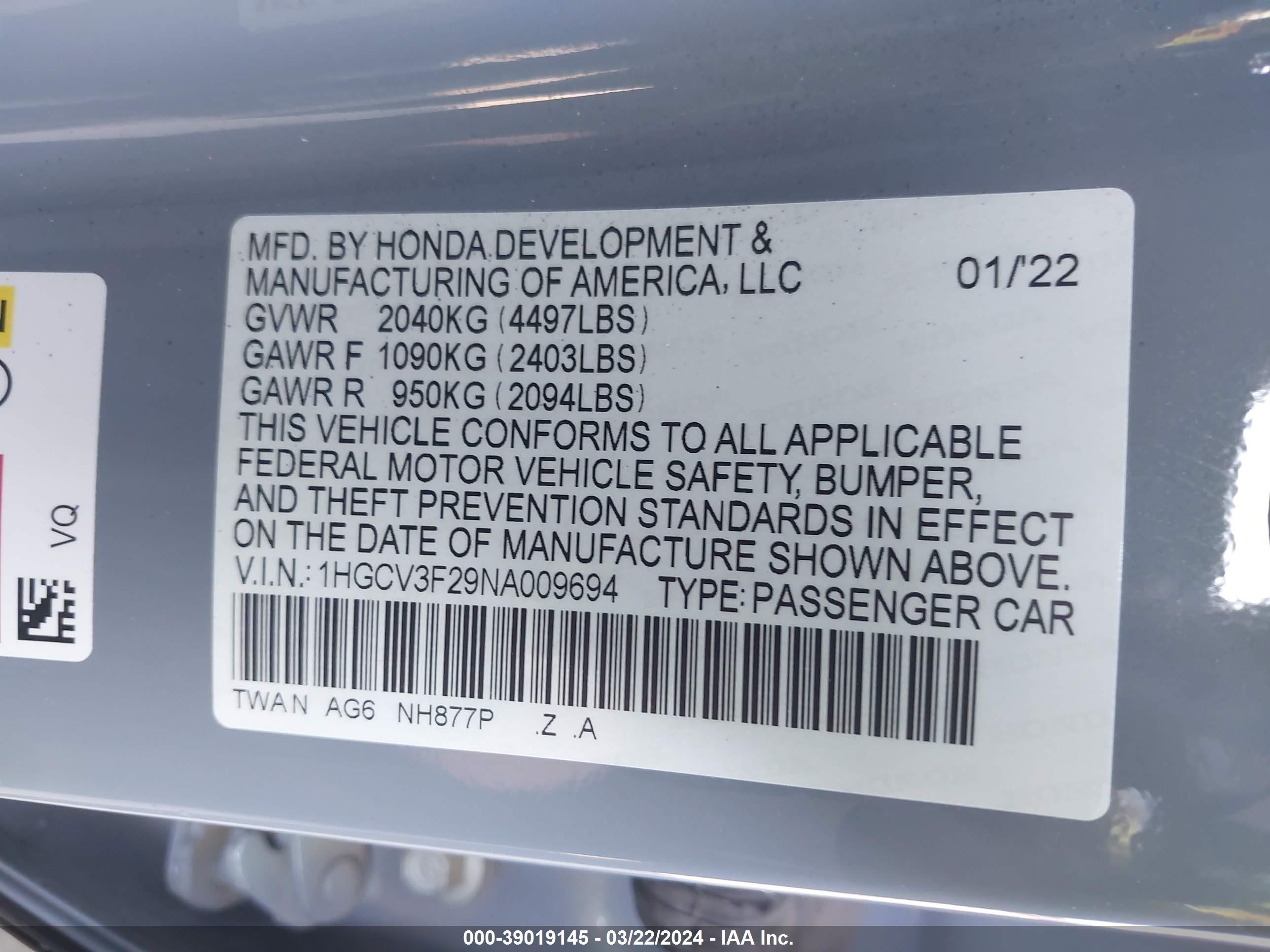 Photo 8 VIN: 1HGCV3F29NA009694 - HONDA ACCORD 