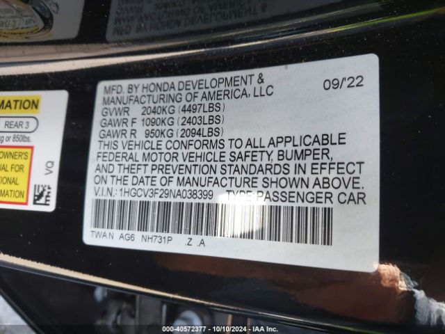 Photo 8 VIN: 1HGCV3F29NA038399 - HONDA ACCORD 