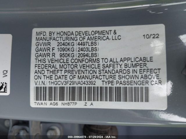 Photo 8 VIN: 1HGCV3F29NA043392 - HONDA ACCORD 