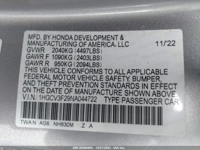 Photo 8 VIN: 1HGCV3F29NA044722 - HONDA ACCORD 