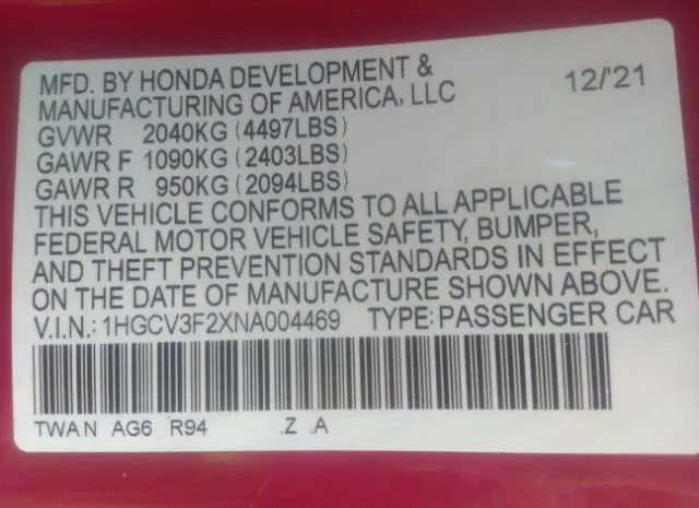 Photo 8 VIN: 1HGCV3F2XNA004469 - HONDA ACCORD HYBRID 