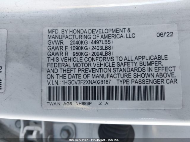 Photo 8 VIN: 1HGCV3F2XNA028187 - HONDA ACCORD 