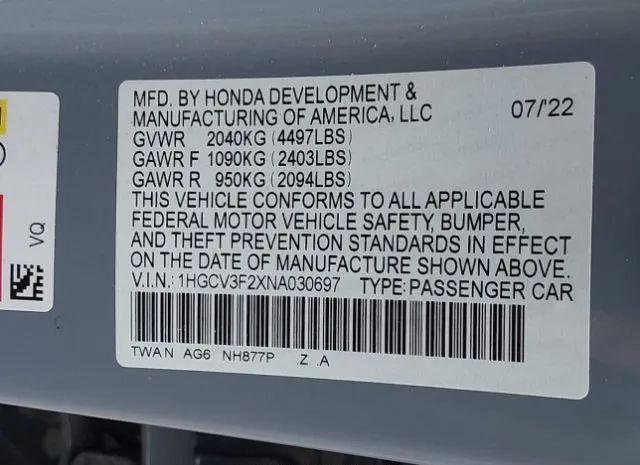 Photo 8 VIN: 1HGCV3F2XNA030697 - HONDA ACCORD 