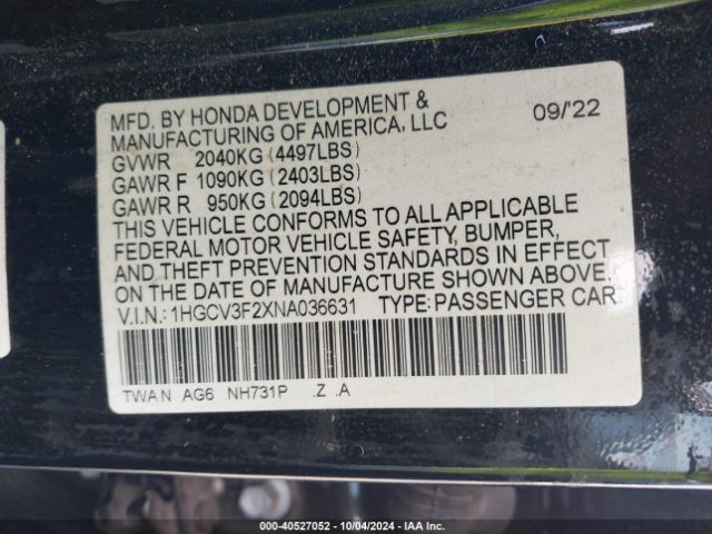 Photo 8 VIN: 1HGCV3F2XNA036631 - HONDA ACCORD 