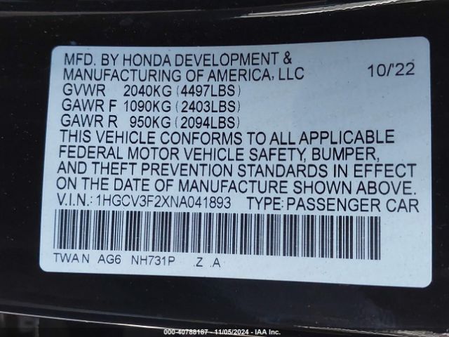 Photo 8 VIN: 1HGCV3F2XNA041893 - HONDA ACCORD 