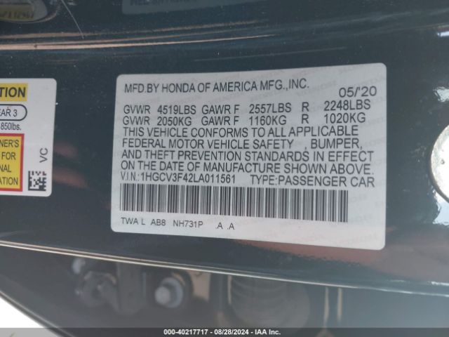 Photo 8 VIN: 1HGCV3F42LA011561 - HONDA ACCORD 