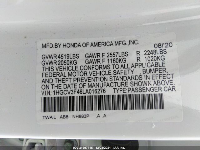 Photo 8 VIN: 1HGCV3F46LA016276 - HONDA ACCORD HYBRID 