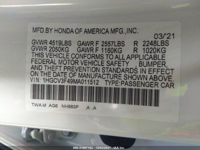 Photo 8 VIN: 1HGCV3F49MA011512 - HONDA ACCORD HYBRID 