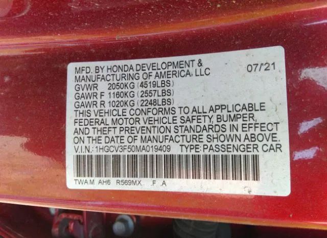 Photo 8 VIN: 1HGCV3F50MA019409 - HONDA ACCORD HYBRID 