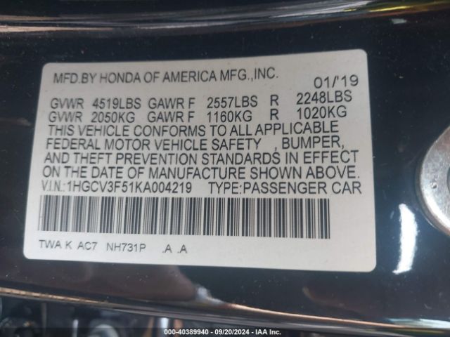 Photo 8 VIN: 1HGCV3F51KA004219 - HONDA ACCORD 