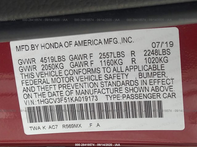 Photo 8 VIN: 1HGCV3F51KA019173 - HONDA ACCORD HYBRID 