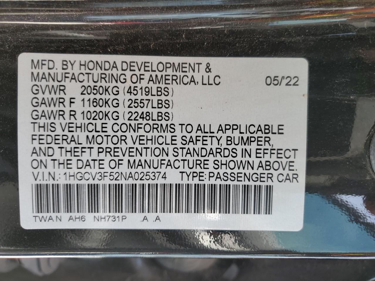 Photo 11 VIN: 1HGCV3F52NA025374 - HONDA ACCORD 