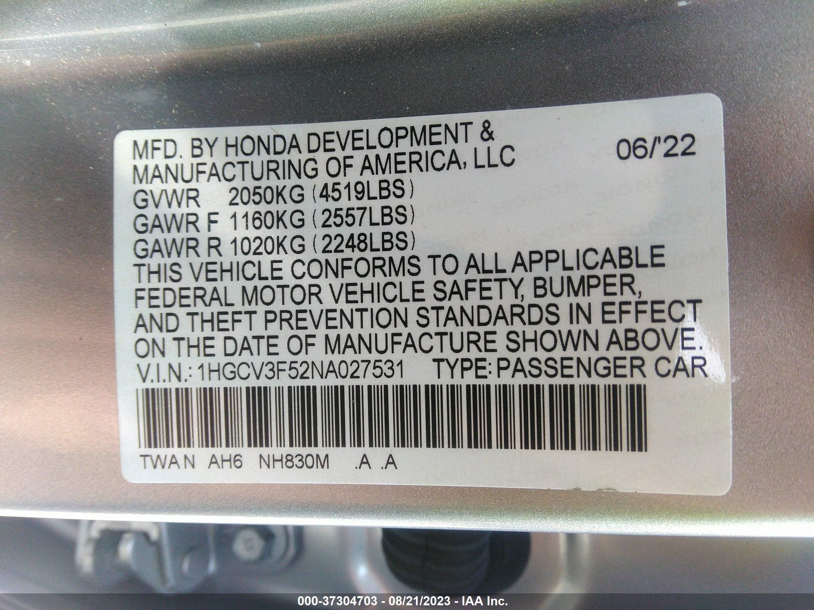 Photo 8 VIN: 1HGCV3F52NA027531 - HONDA ACCORD 