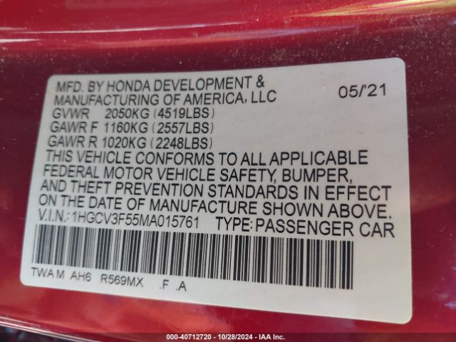 Photo 8 VIN: 1HGCV3F55MA015761 - HONDA ACCORD 