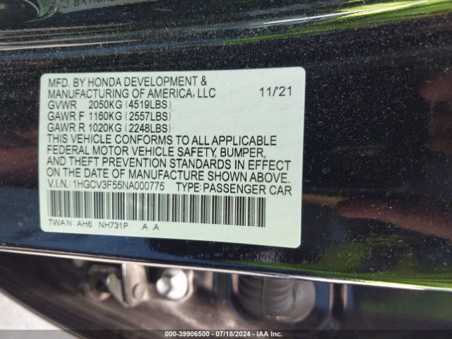 Photo 8 VIN: 1HGCV3F55NA000775 - HONDA ACCORD 