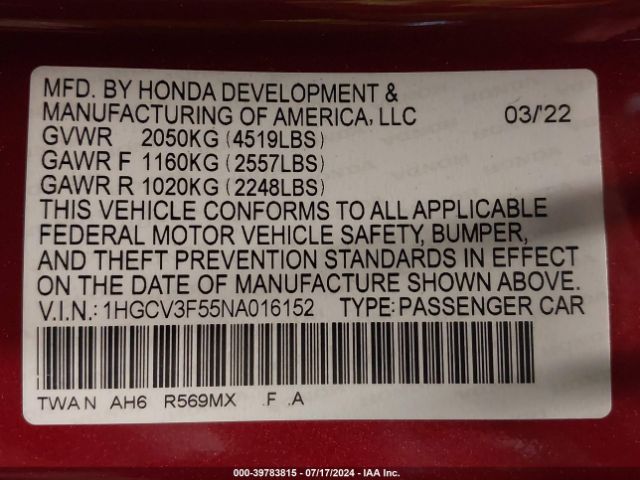 Photo 8 VIN: 1HGCV3F55NA016152 - HONDA ACCORD 