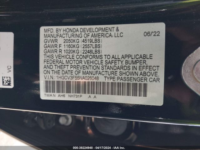 Photo 8 VIN: 1HGCV3F55NA026048 - HONDA ACCORD 