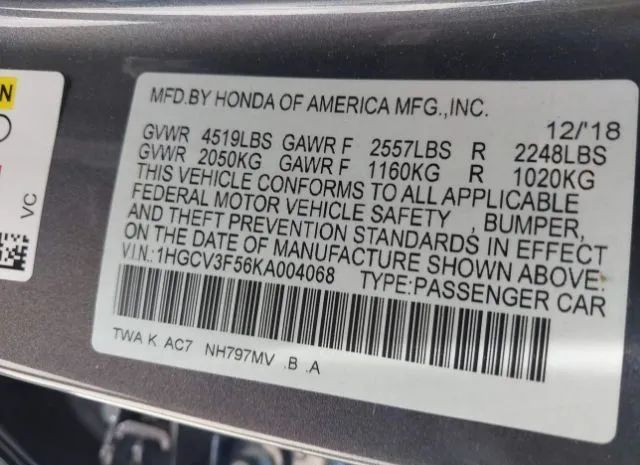 Photo 8 VIN: 1HGCV3F56KA004068 - HONDA ACCORD 