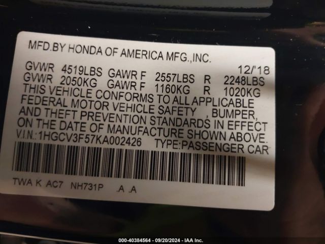 Photo 8 VIN: 1HGCV3F57KA002426 - HONDA ACCORD 