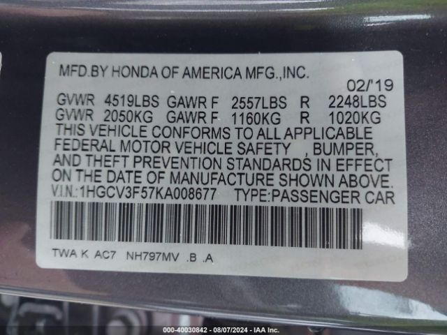 Photo 8 VIN: 1HGCV3F57KA008677 - HONDA ACCORD 