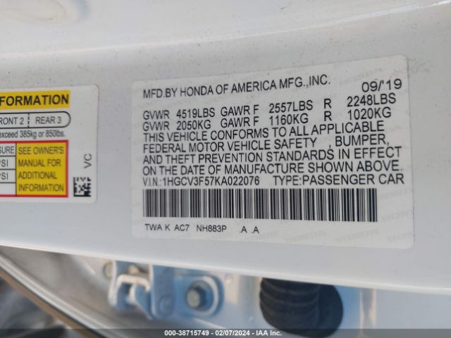 Photo 8 VIN: 1HGCV3F57KA022076 - HONDA ACCORD HYBRID 