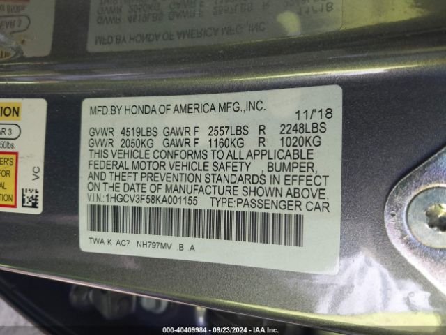 Photo 8 VIN: 1HGCV3F58KA001155 - HONDA ACCORD 