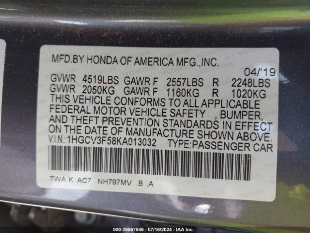 Photo 8 VIN: 1HGCV3F58KA013032 - HONDA ACCORD 