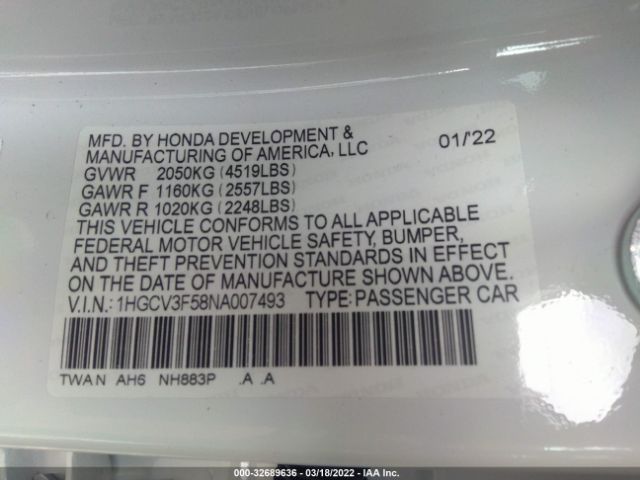 Photo 8 VIN: 1HGCV3F58NA007493 - HONDA ACCORD HYBRID 