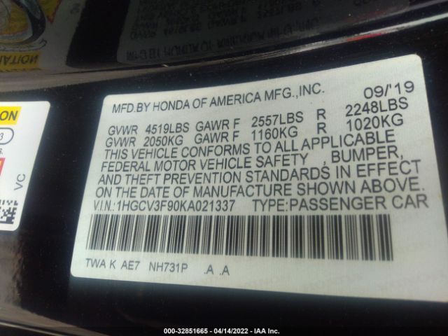 Photo 8 VIN: 1HGCV3F90KA021337 - HONDA ACCORD HYBRID 