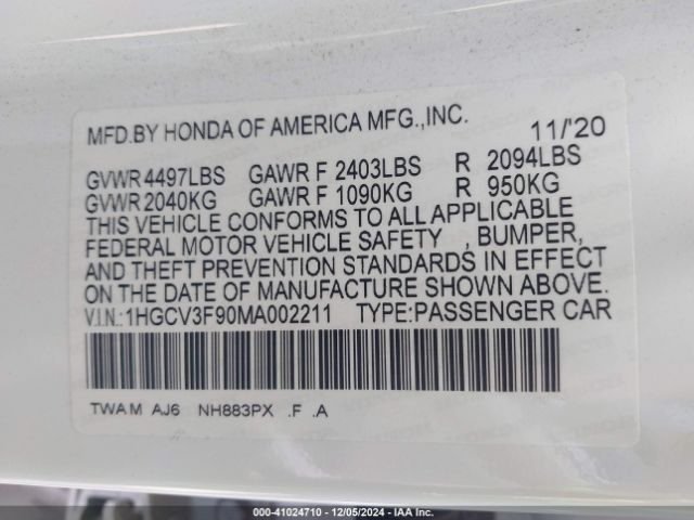 Photo 8 VIN: 1HGCV3F90MA002211 - HONDA ACCORD 