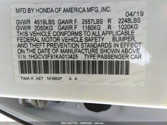 Photo 8 VIN: 1HGCV3F91KA013425 - HONDA ACCORD HYBRID 