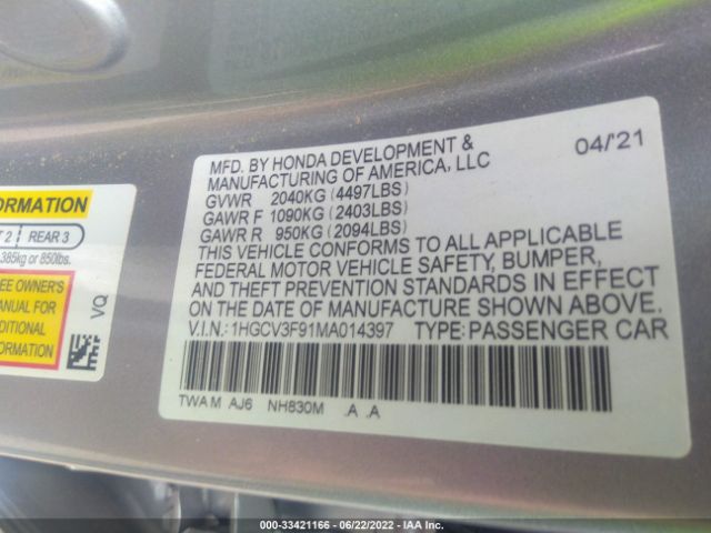 Photo 8 VIN: 1HGCV3F91MA014397 - HONDA ACCORD HYBRID 