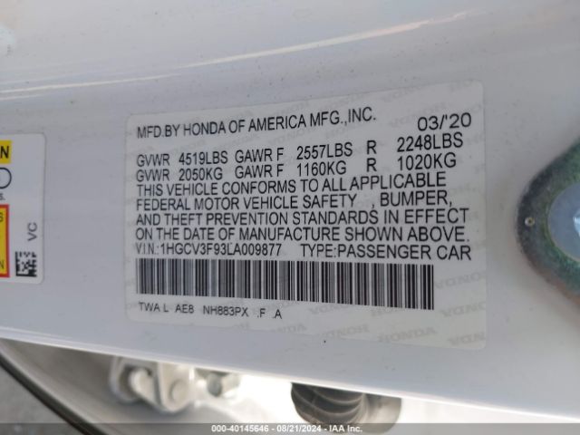 Photo 8 VIN: 1HGCV3F93LA009877 - HONDA ACCORD 