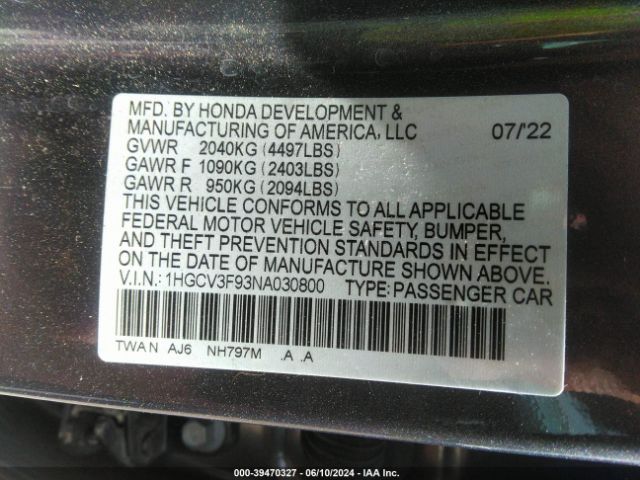 Photo 8 VIN: 1HGCV3F93NA030800 - HONDA ACCORD 