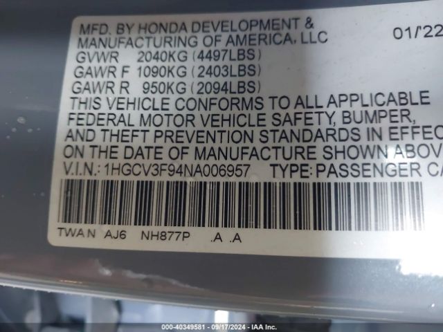 Photo 8 VIN: 1HGCV3F94NA006957 - HONDA ACCORD 